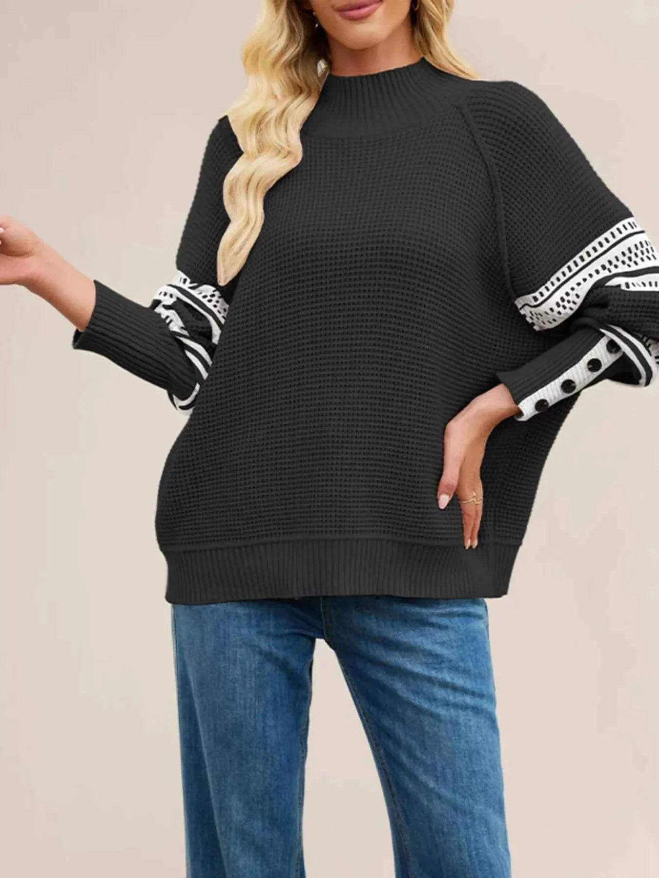 Color-Block Mock Neck Waffle Knit Sweater