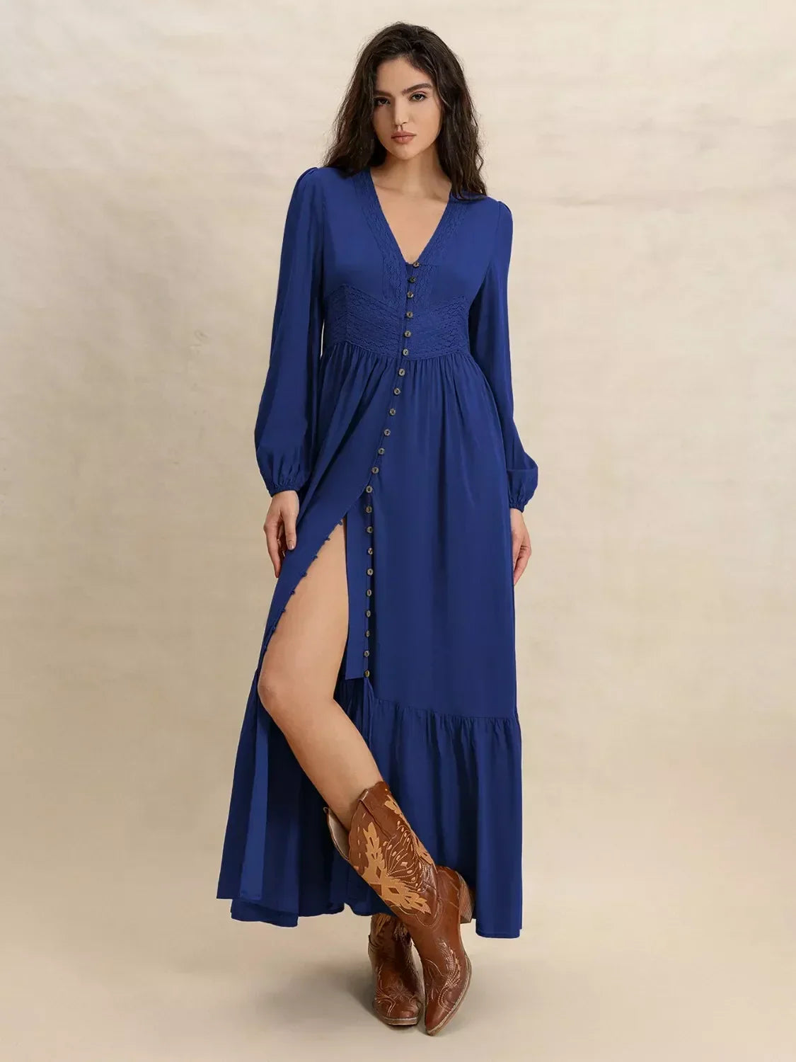 Lace Trim V-Neck Long Sleeve Button Front Tiered Maxi Dress 16