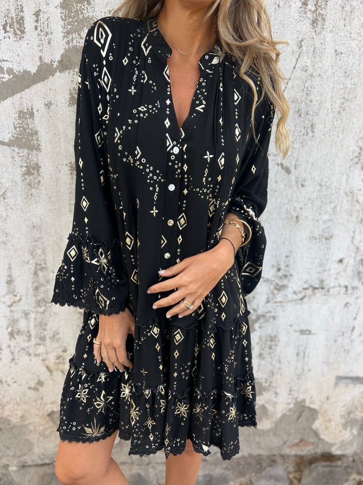V-Neck Mandarin Collar Button Front Tiered Ruffle Lace Trim Mini Dress