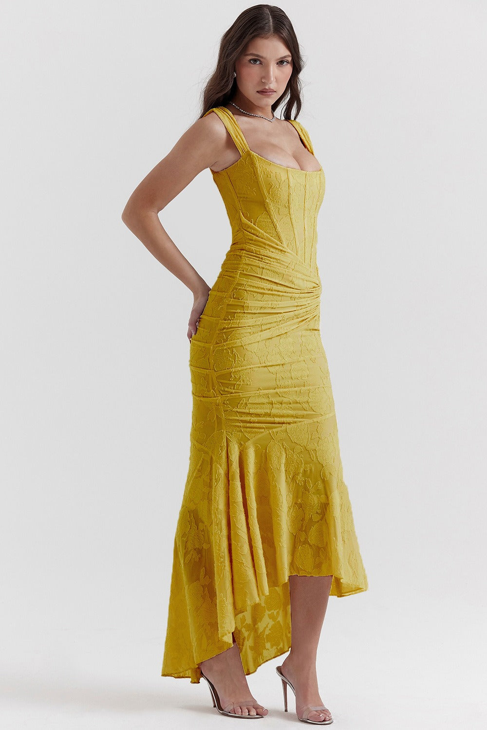 Jacquard Square Neck Corset Ruched Mermaid Gown