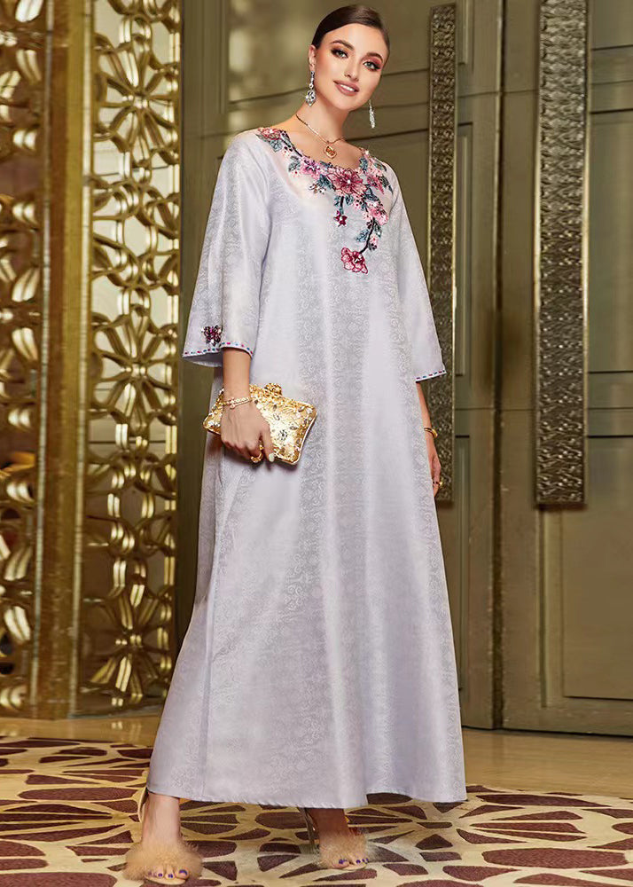 Jacquard Floral Embroidery Round Neck Bell Sleeve Kaftan Maxi Dress