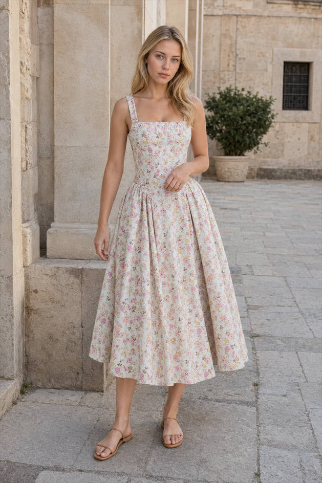 Floral Square Neck Sleeveless Fit and Flare Midi Dress