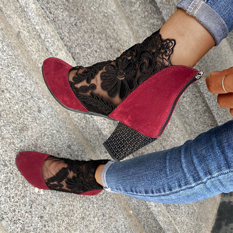 Floral Lace Mesh Rhinestone Block Heel Ankle Boots