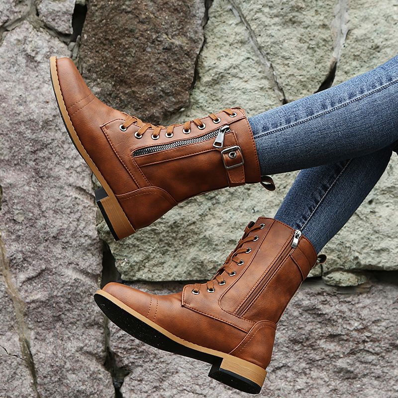 Lace Up Side Zip Buckle Block Heel Combat Boots