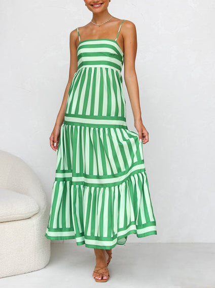 Striped Square Neck Spaghetti Strap Tiered Pocket Maxi Dress 2