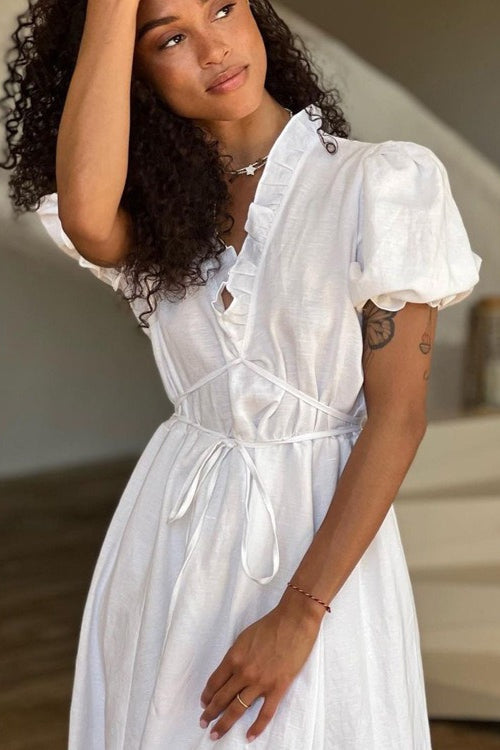 V-Neck Tie Waist Short Sleeve Boho Dress