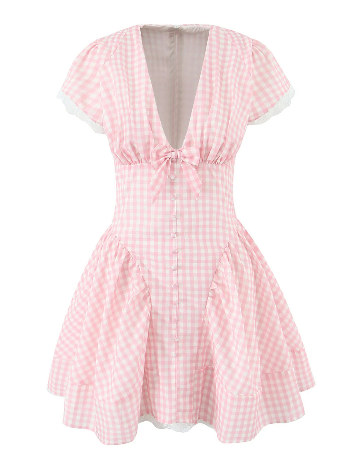 Gingham V-Neck Puff Sleeve Bow Button Front Lace Trim Mini Dress 6