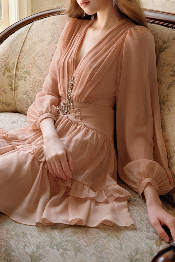 Elegant Deep V Cut Out Waist Rhinestone Chiffon Mini Dress - View 4