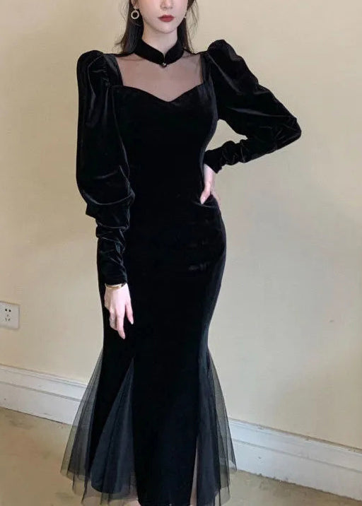 Velvet Sweetheart Choker Collar Puff Sleeve Mesh Panel Mermaid Gown