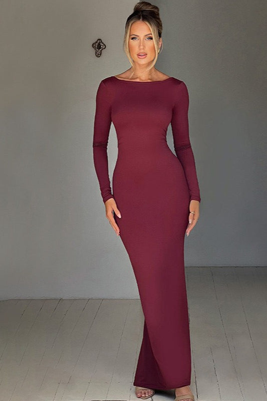 Long Sleeve Open Back Ruched Bodycon Mermaid Maxi Dress