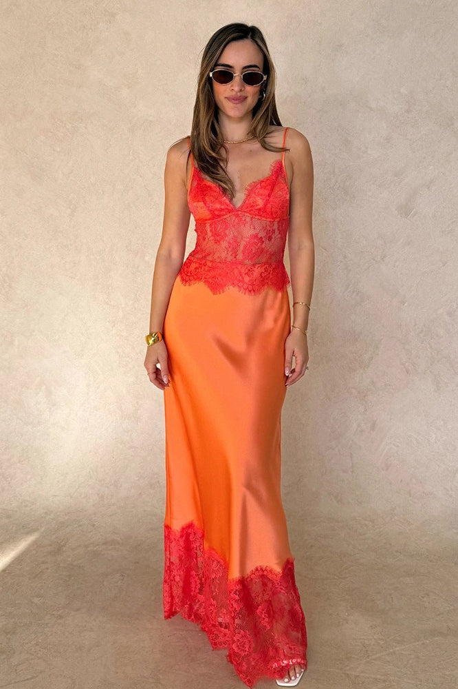 Low Plunge Lace Insert Open Back Lace Dress