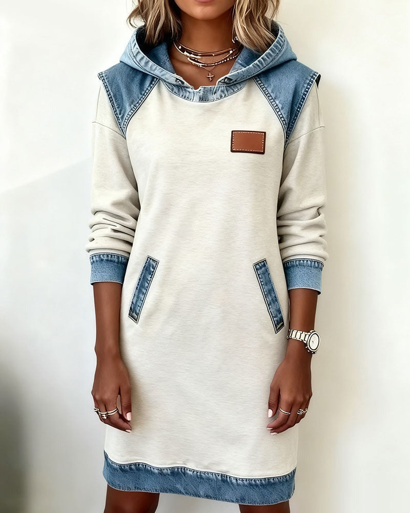 Hooded Long Sleeve Denim Patchwork Mini Dress Pocket 16