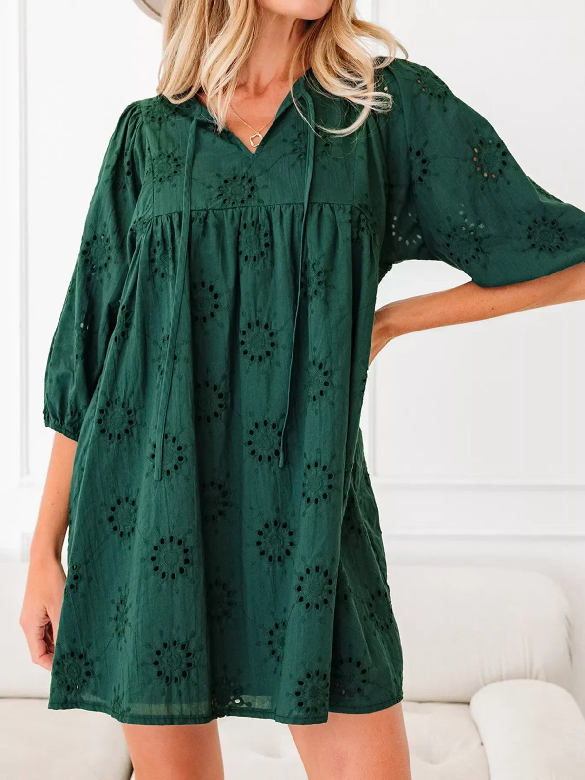 Eyelet Embroidered Tie Neck Puff Sleeve Swing Mini Dress