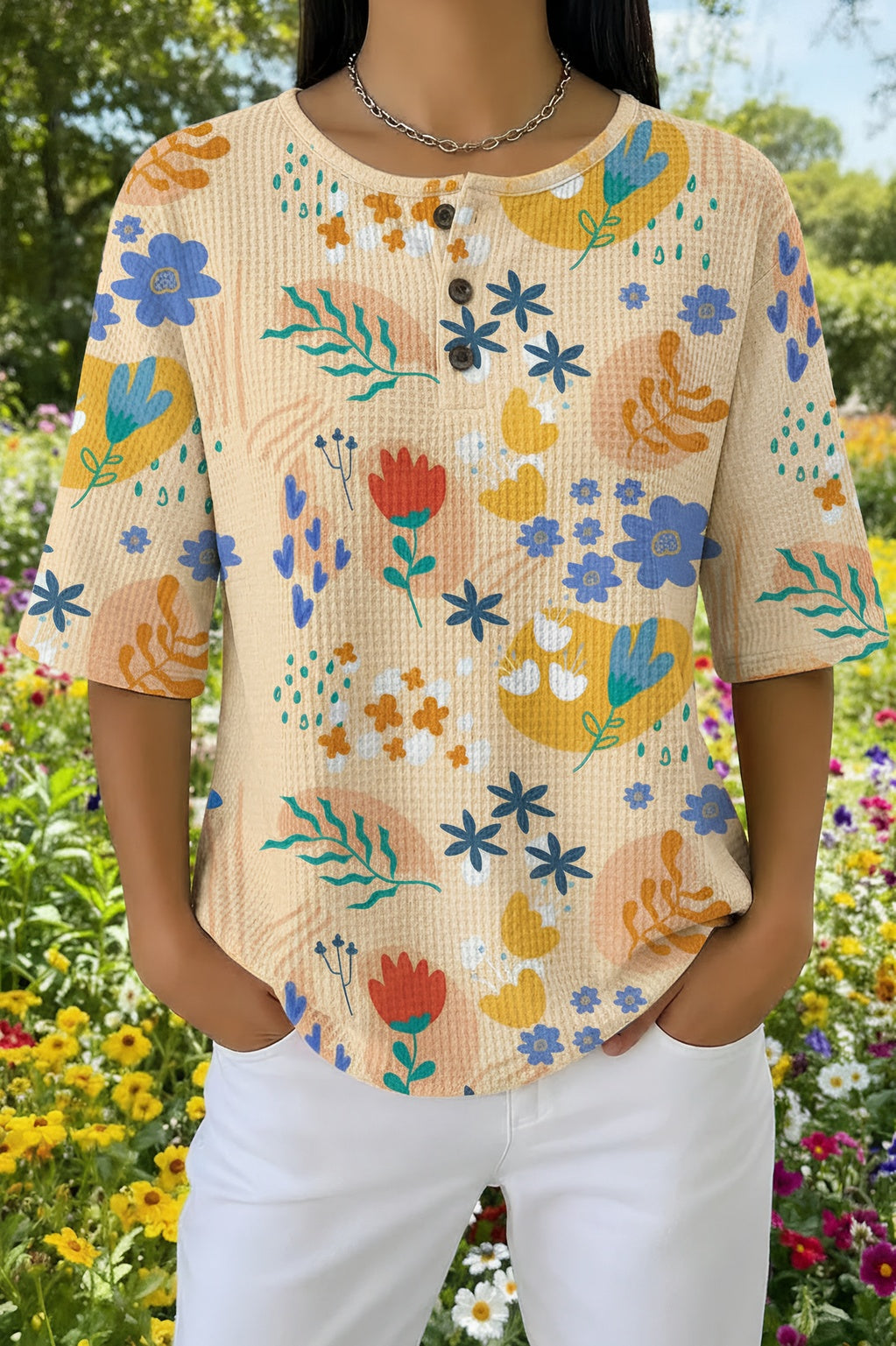 Womens Cream Sunflower Bee Print Casual Henley Shirt