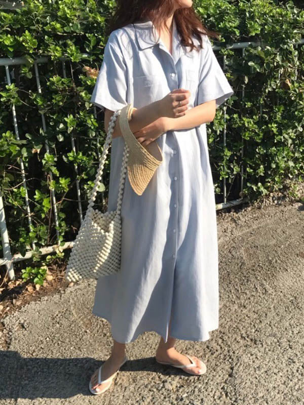 Notched Collar Button Front Patch Pocket Rolled Short Sleeve Maxi Shirt Dress