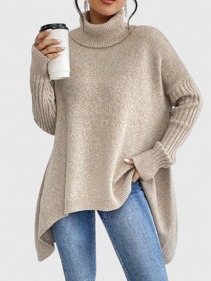 Turtleneck Drop Shoulder High Low Oversized Sweater