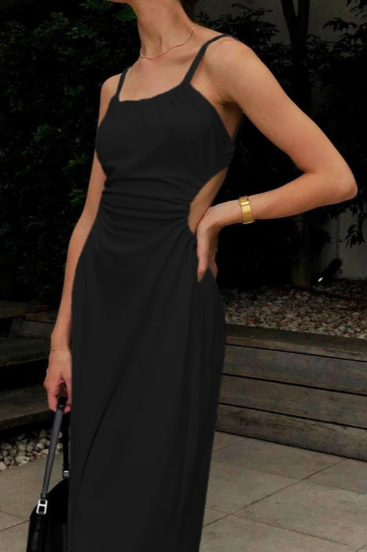 Spaghetti Strap Ruched Waist Side Cut Out Backless Midi Dress