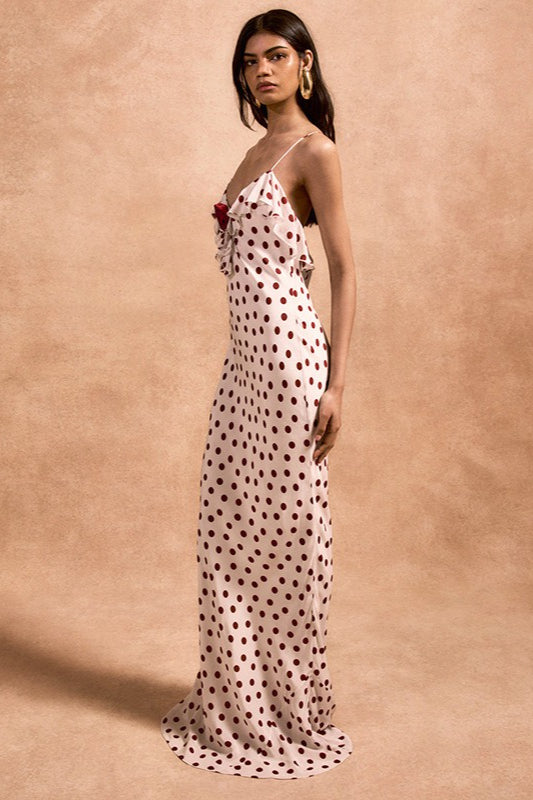 Polka Dot V-Neck Ruffle Trim Rosette Spaghetti Strap Slip Dress 3