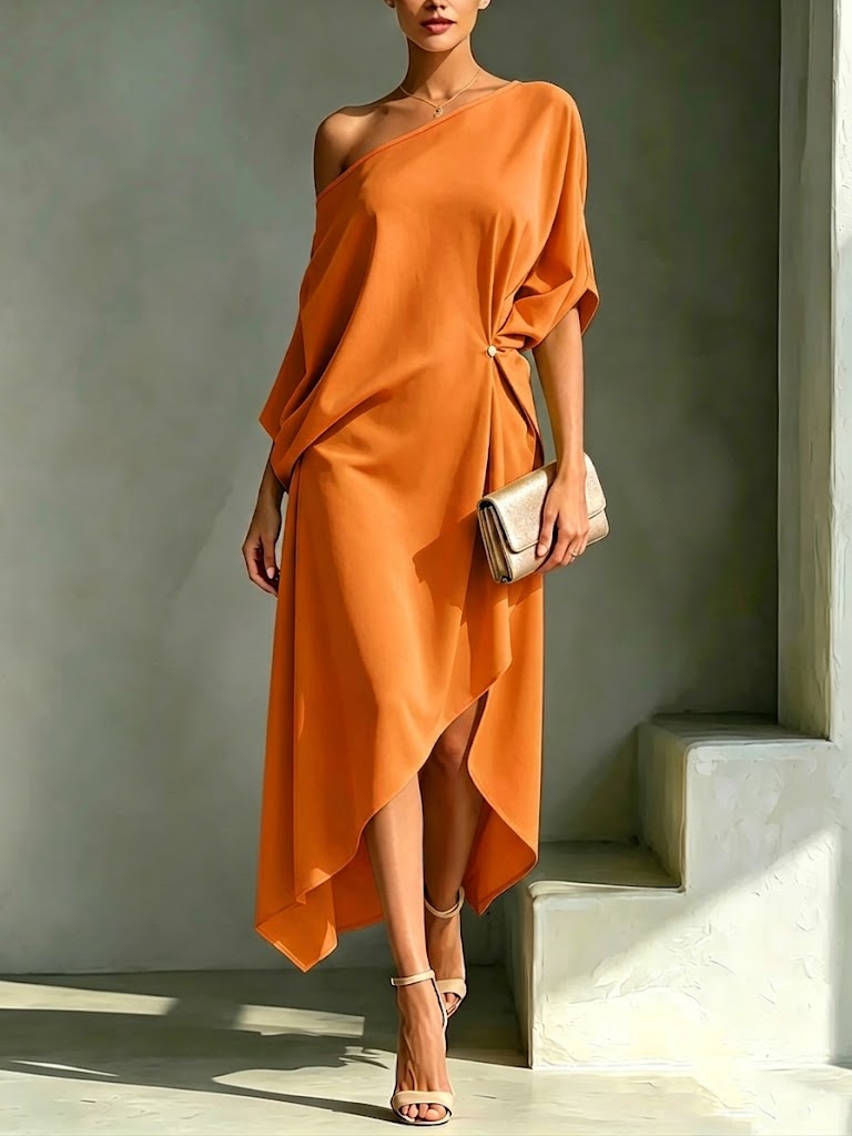 One Shoulder Batwing Sleeve Asymmetric Hem Midi Dress 6