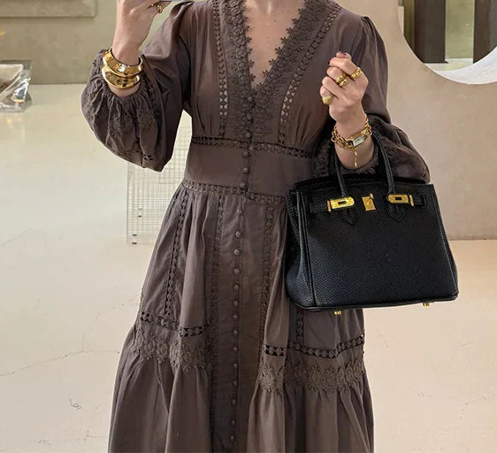Hollow Lace V-neck Patchwork Maxi Midi Dress