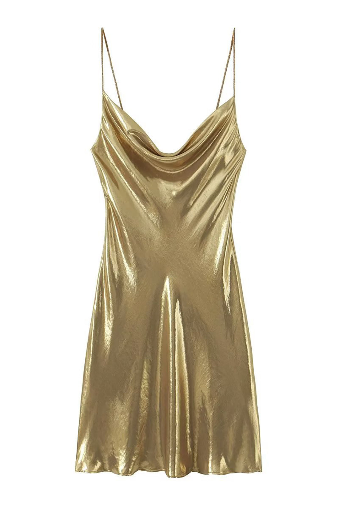 Metallic Cowl Neck Spaghetti Strap Slip Mini Dress
