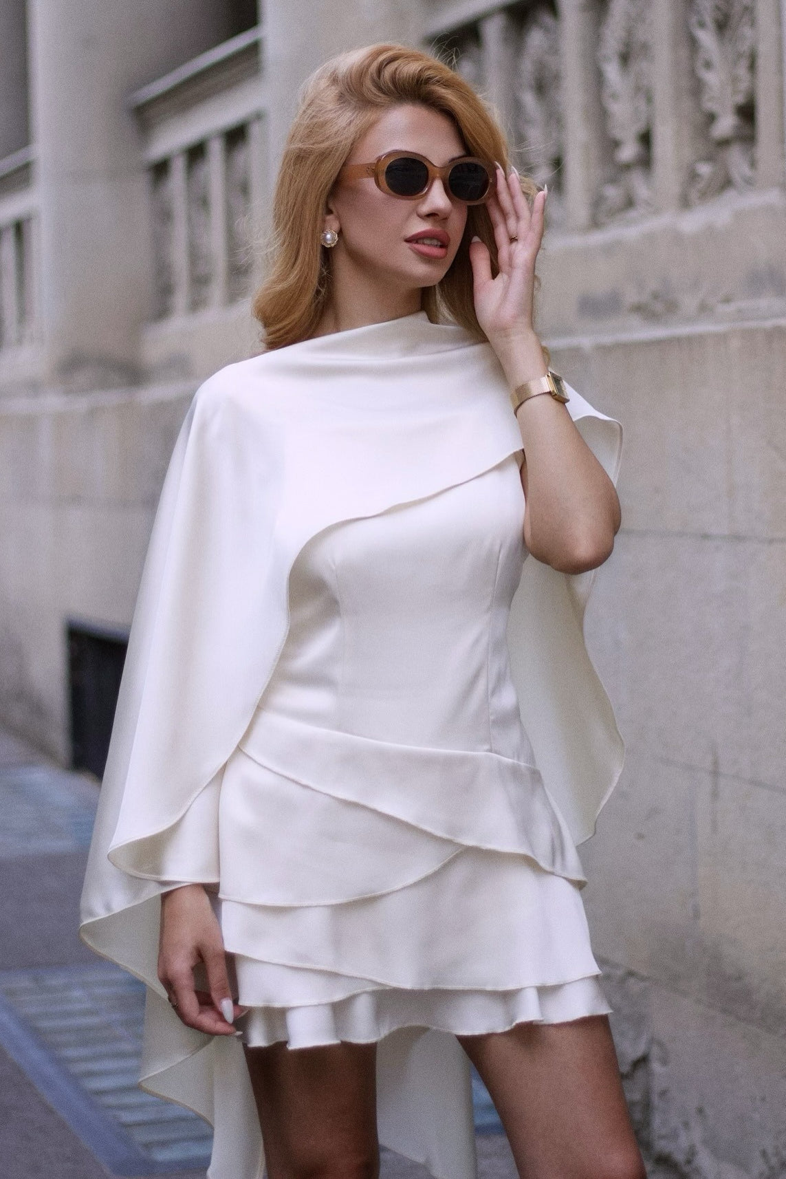 Satin Cape Ruffle Hem Mini Dress - View 6
