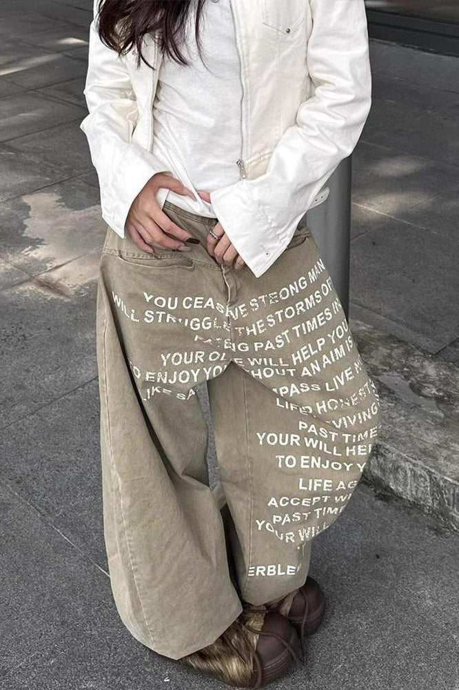 Slogan Letter Print Washed Baggy Barrel Leg Denim Jeans