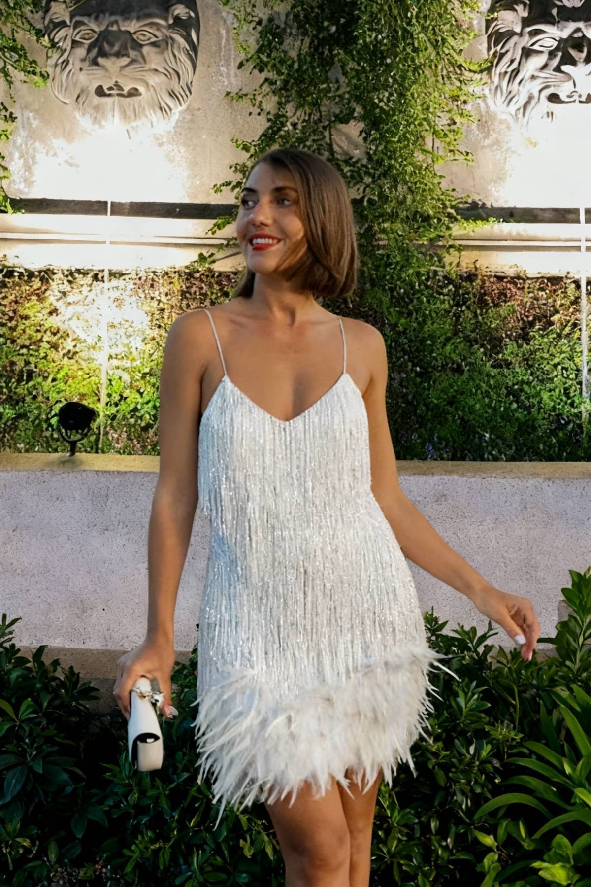 Sequin V-Neck Sleeveless Feather Bodycon Mini Evening Dress - View 2