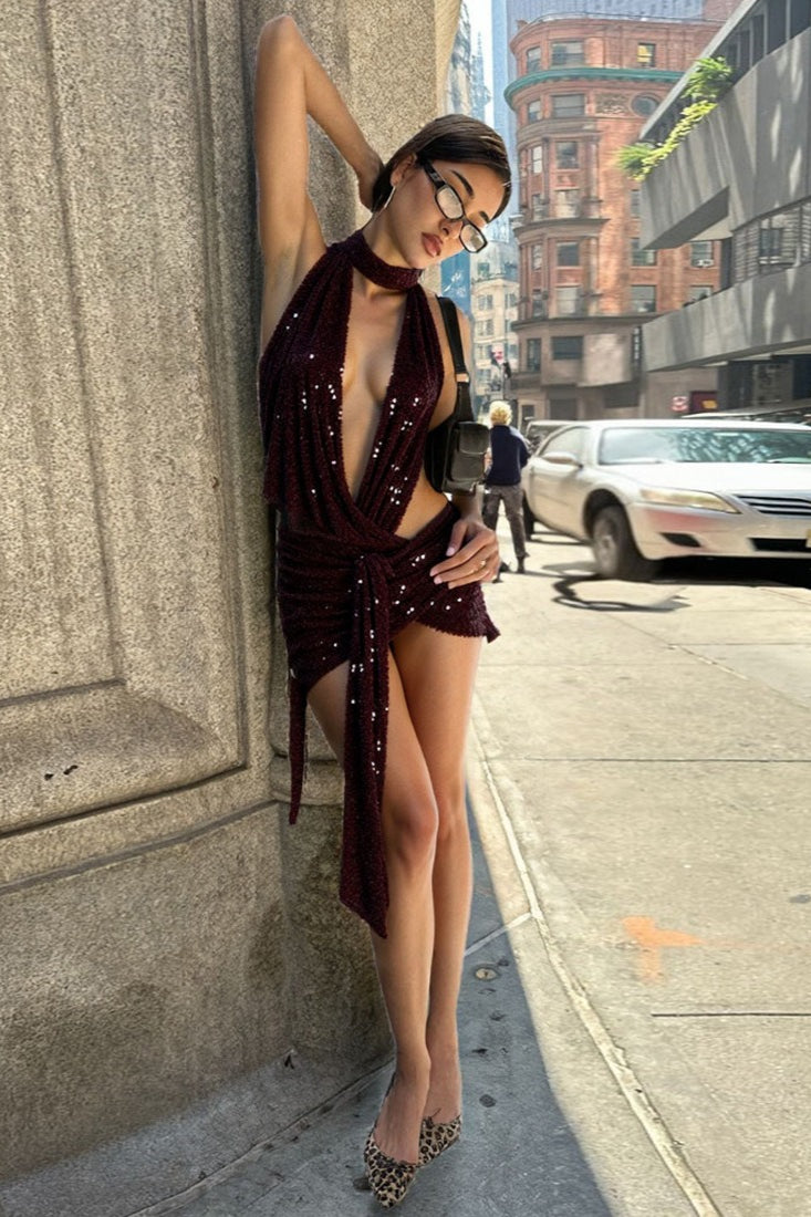 Sequin Halter Neck Deep V-Neck Backless Draped Bodycon Mini Dress