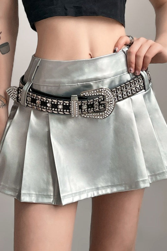 Metallic Faux Leather High Waist Pleated Mini Skirt