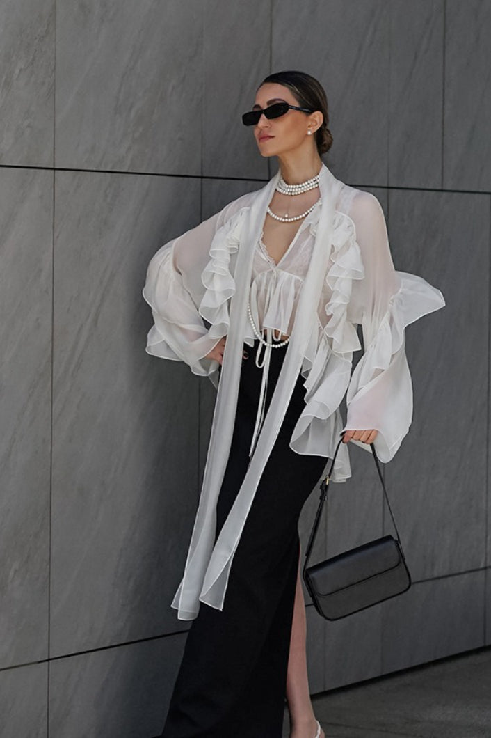 Sheer Organza Ruffle Trim Tie Front Long Scarf Panel Blouse