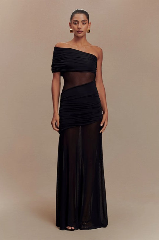 One Shoulder Ruched Mesh Panel Gown