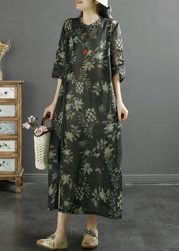 Botanical Print Frog Button Cheongsam Three Quarter Sleeve Maxi Dress