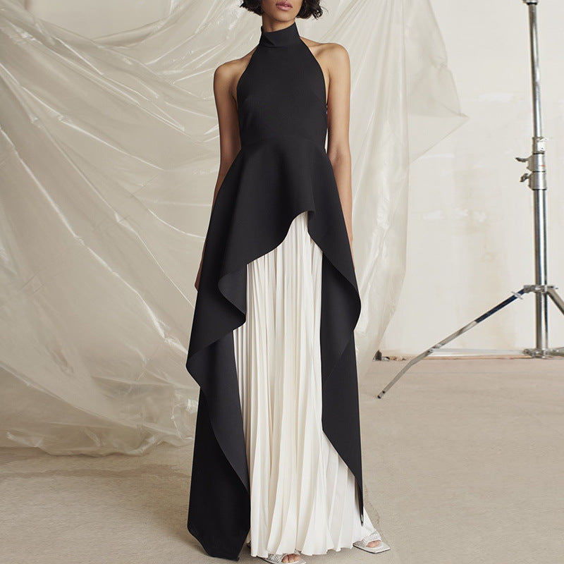 Halter Neck Peplum Top Pleated Maxi Skirt Two Piece Set