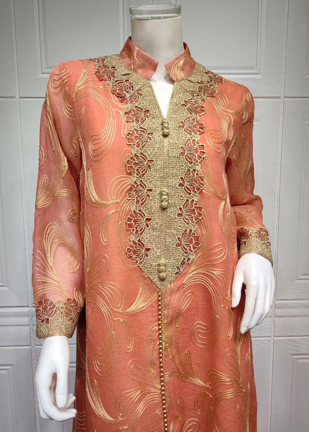 Embroidered Stand Collar Scroll Print Long Sleeve Maxi Dress
