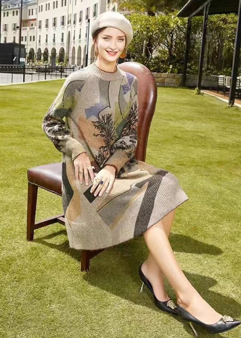 Jacquard Landscape Print Crew Neck Lantern Sleeve Knit Sweater Mini Dress