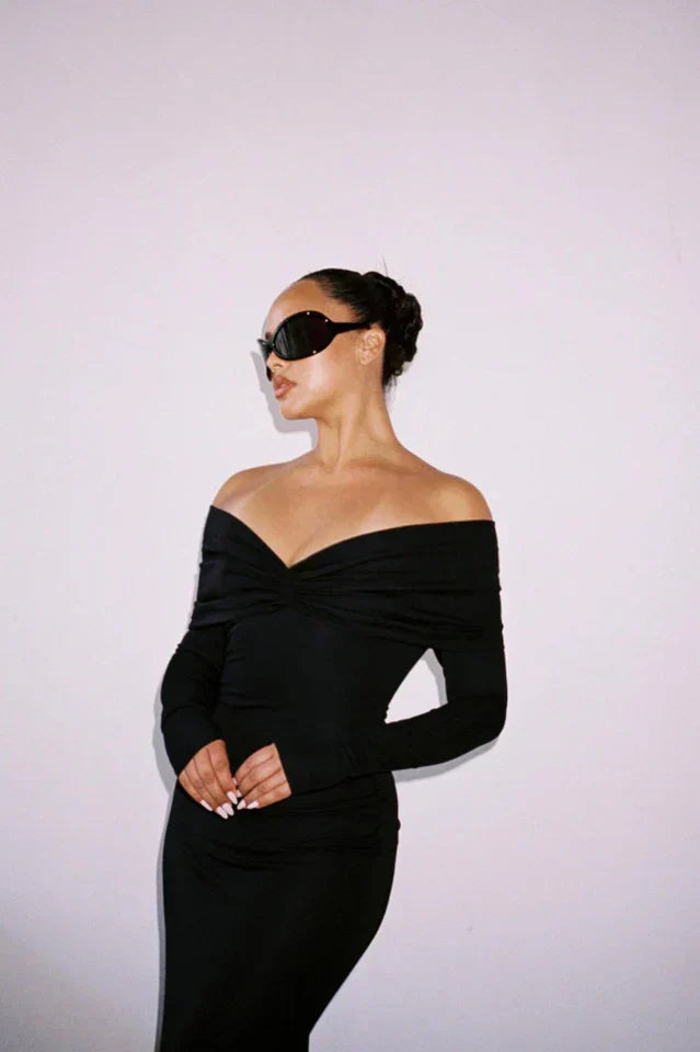 Off Shoulder Ruched Fold Long Sleeve Mermaid Maxi Dress 17