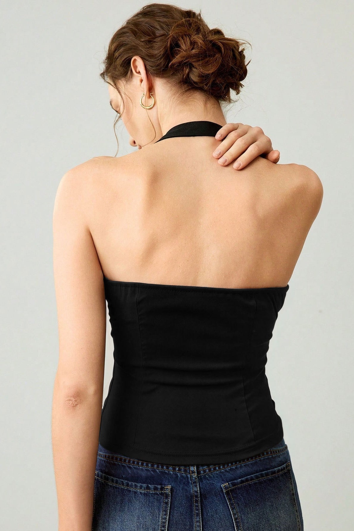 Metal Buckle Halter Fitted Crop Top
