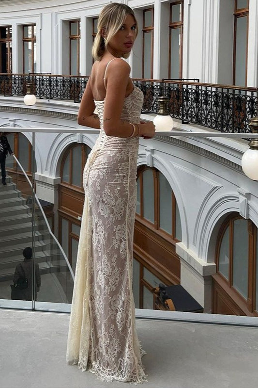 Floral Lace Ruched Long Sleeve Square Neck Mermaid Maxi Gown