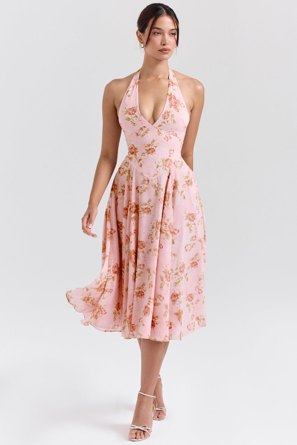 Rose Print Georgette Halter Plunge Full Skirt Midi Dress 4