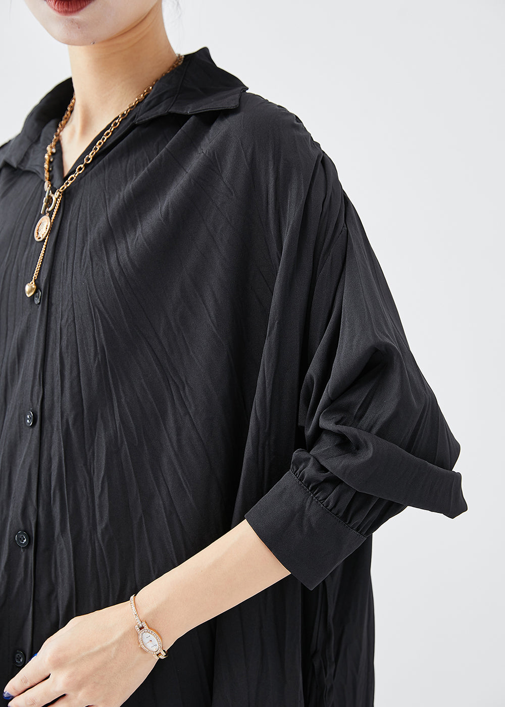 Crinkle Texture Collar Button Down Long Sleeve Asymmetrical Hem Shirt Dress