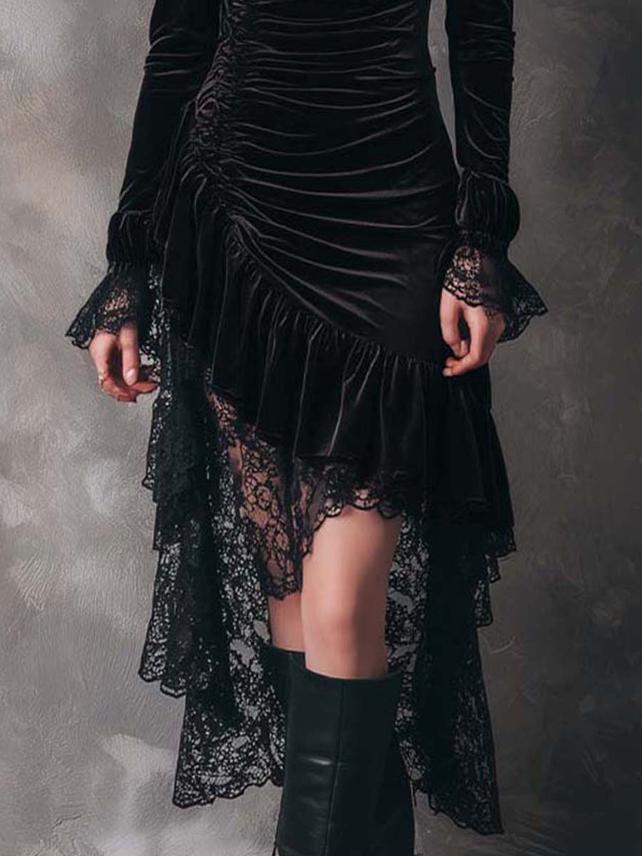 Gothic Velvet Pleated Detail High And Low Hem Lace Dress