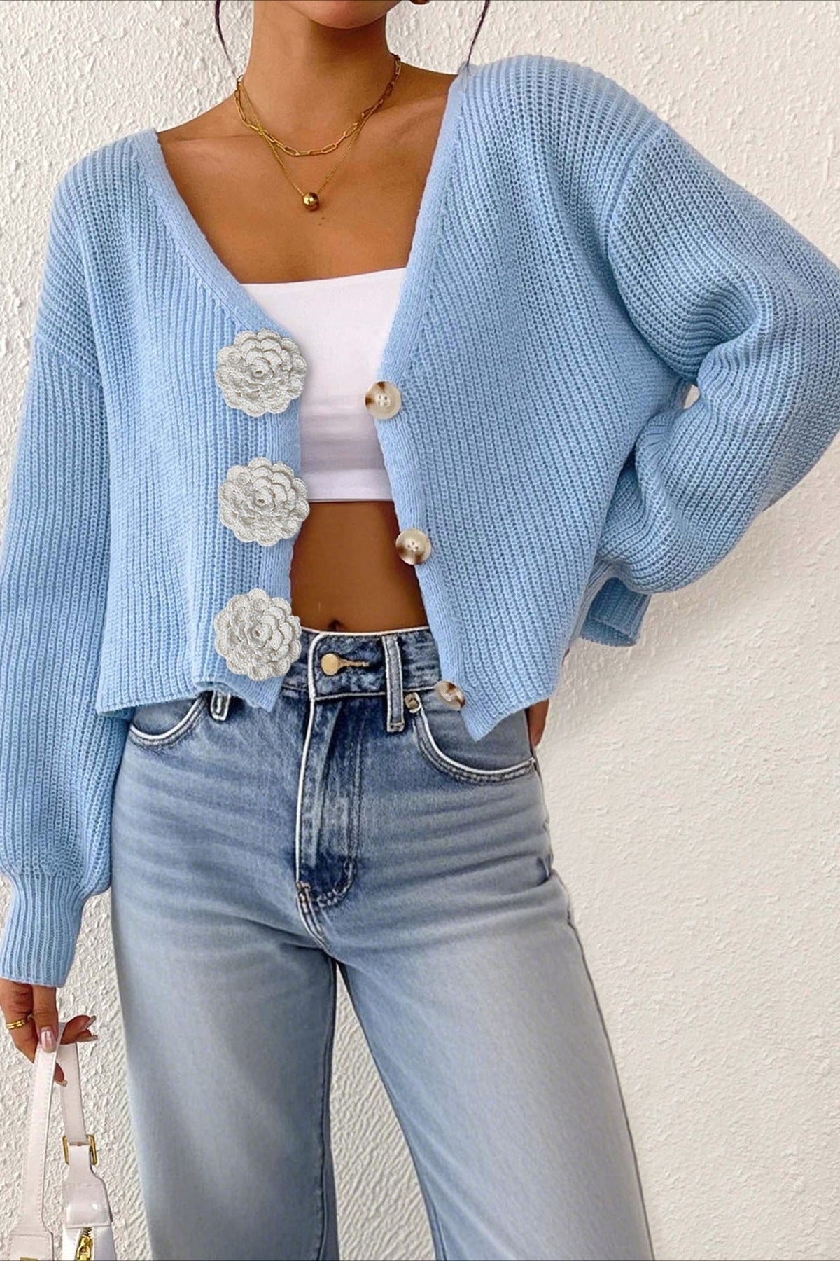 V-Neck Crochet Flower Button Front Ribbed Knit Cropped Cardigan 31