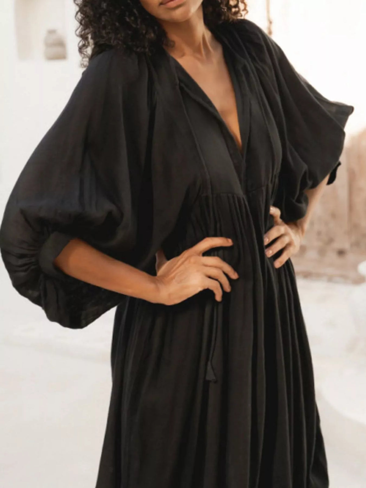 Split V-Neck Tie Neck Puff Sleeve Smock Midi Dress 15