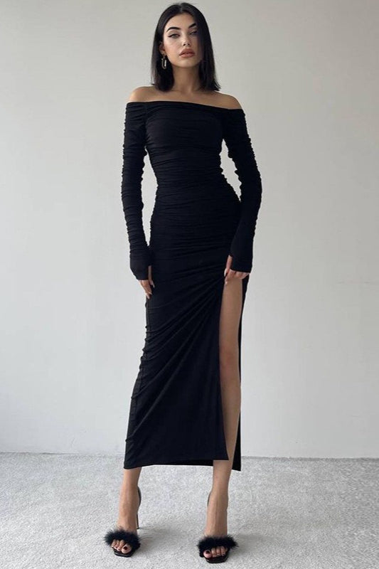 Off Shoulder Long Sleeve Ruched High Split Bodycon Maxi Dress