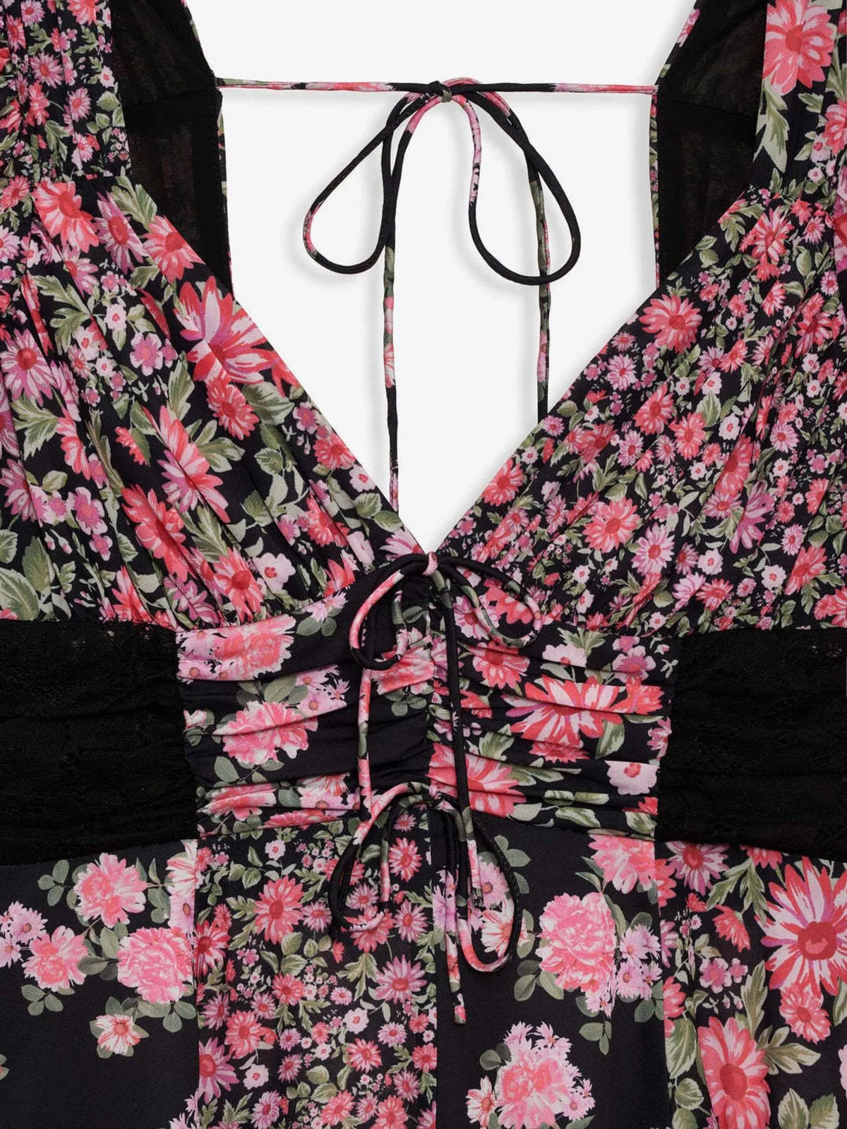 Floral Print Lace Trim Corset Waist Puff Sleeve Tiered Mini Dress 4