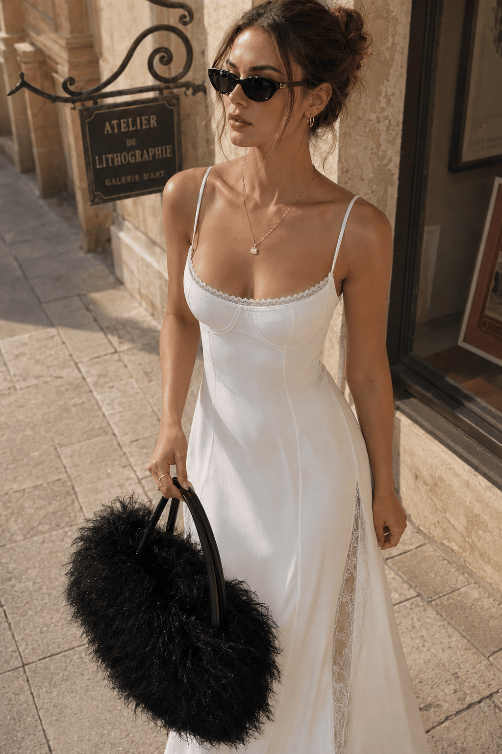 Low Cut Lace Trim Waist Cinch Slip Dress