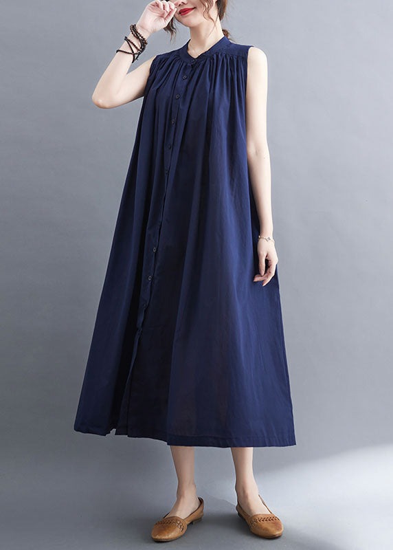 Gathered Mandarin Collar Button Front Sleeveless Pocket Maxi Dress
