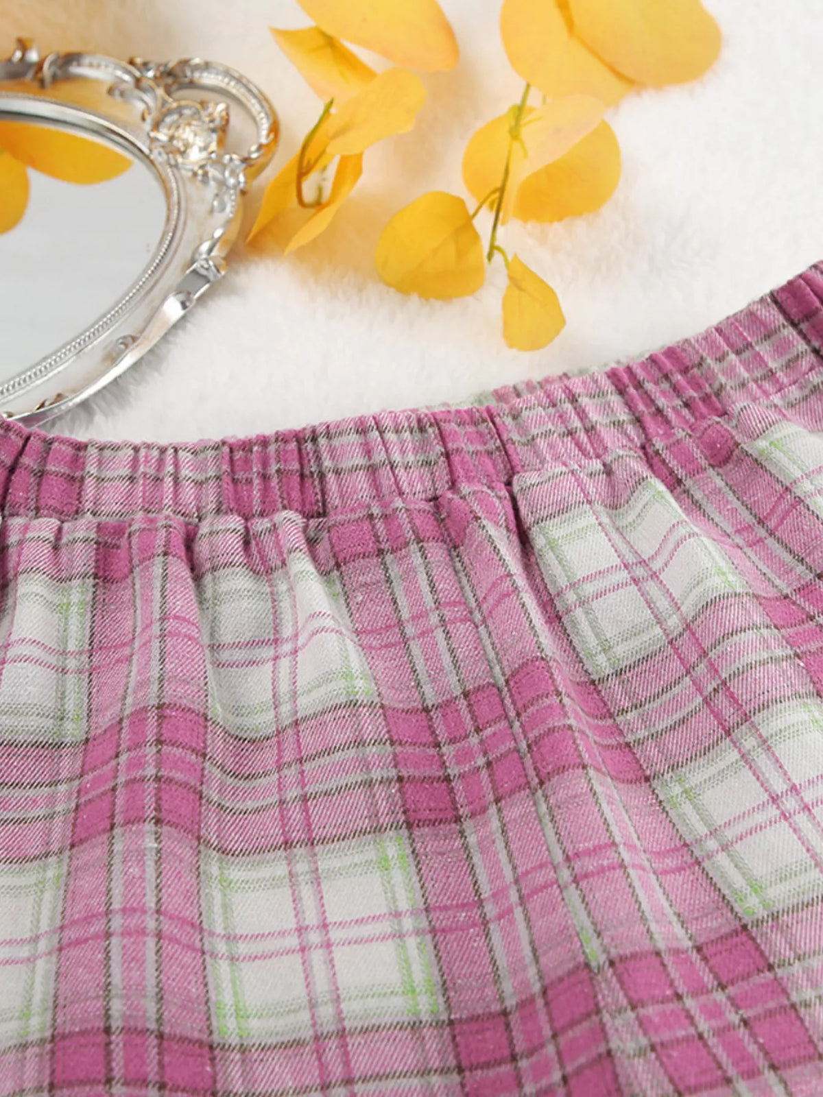 Plaid Long Sleeve Shirt and Elastic Waist Wide Leg Pants Two Piece Set 6