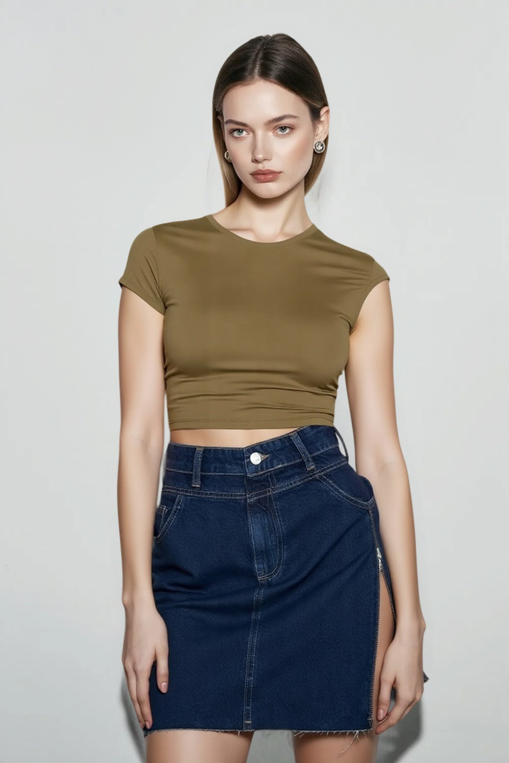 High-Waist Pleated Denim Mini Skort
